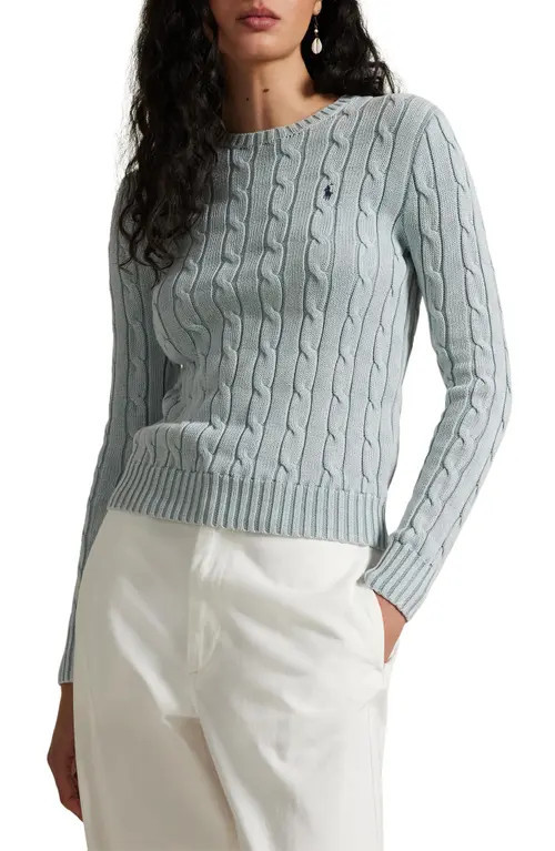 Polo Ralph Lauren Cable Knit Cotton Crewneck Sweater in Light Chambray at Nordstrom, Size Xx-Small | Nordstrom