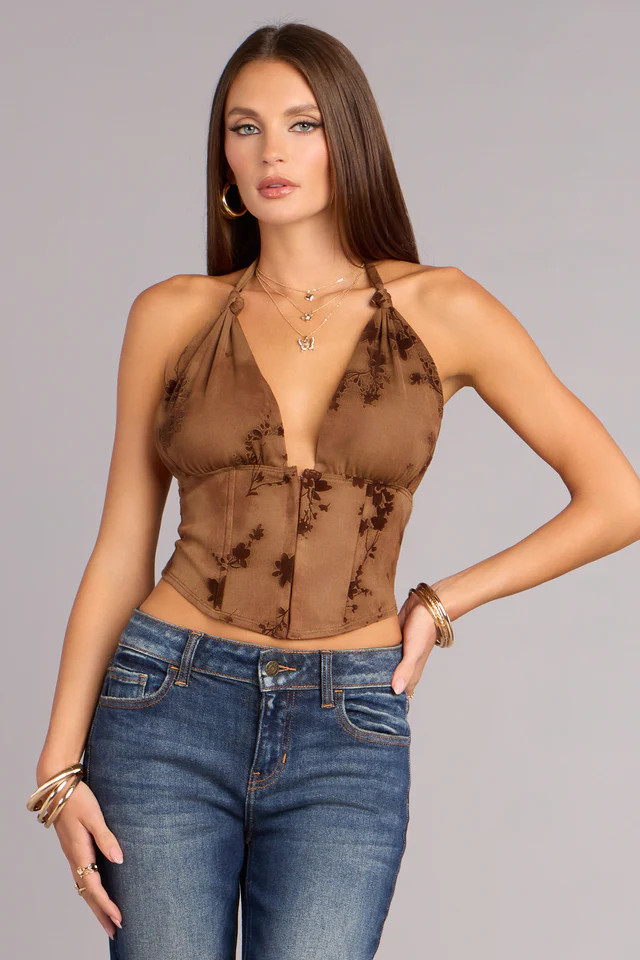 Soft And Sultry Flocked Floral Mesh Corset Top | Windsor Stores