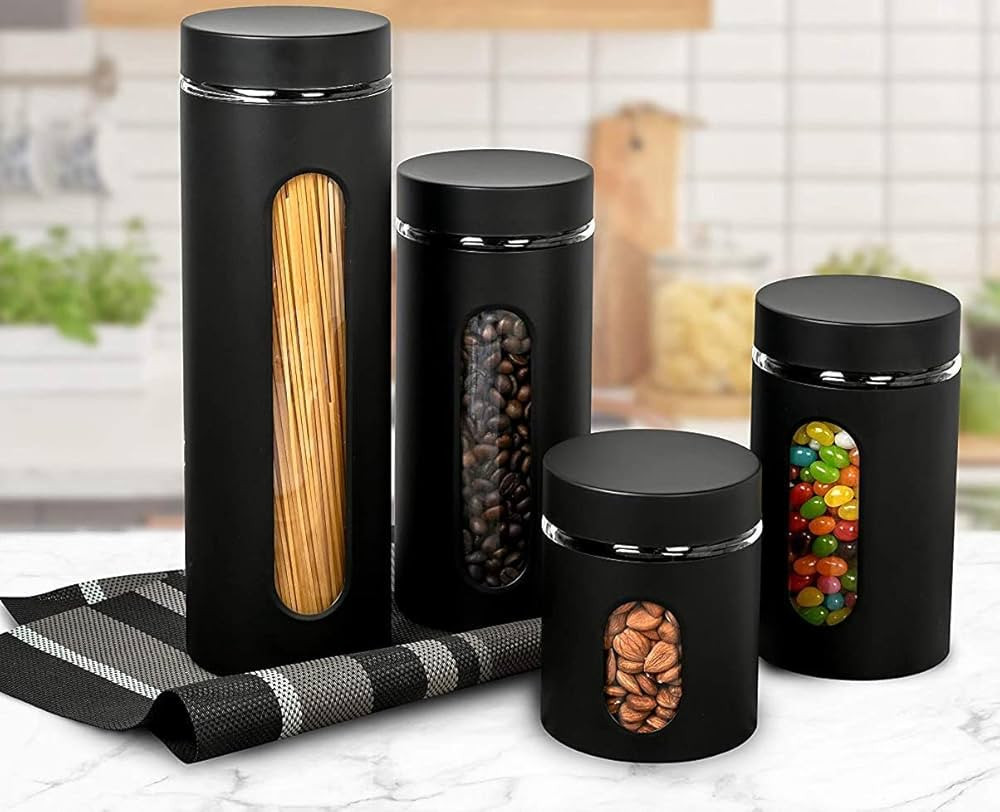 Glass Canister Set of 4 for Sugar, Matte Black Kitchen Counter Decor and Accessories | Amazon (US)