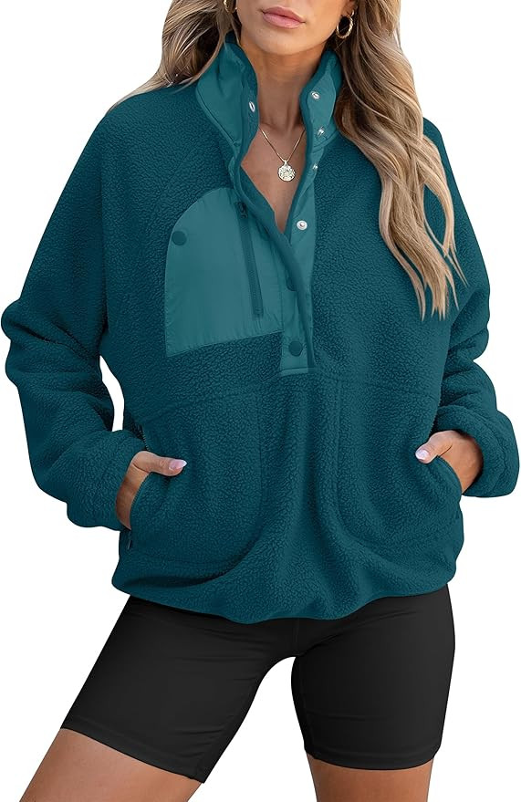 ANRABESS Women Fuzzy Fleece Pullover Sherpa Sweatshirt Long Sleeve Button Down Warm Soft Color Bl... | Amazon (US)