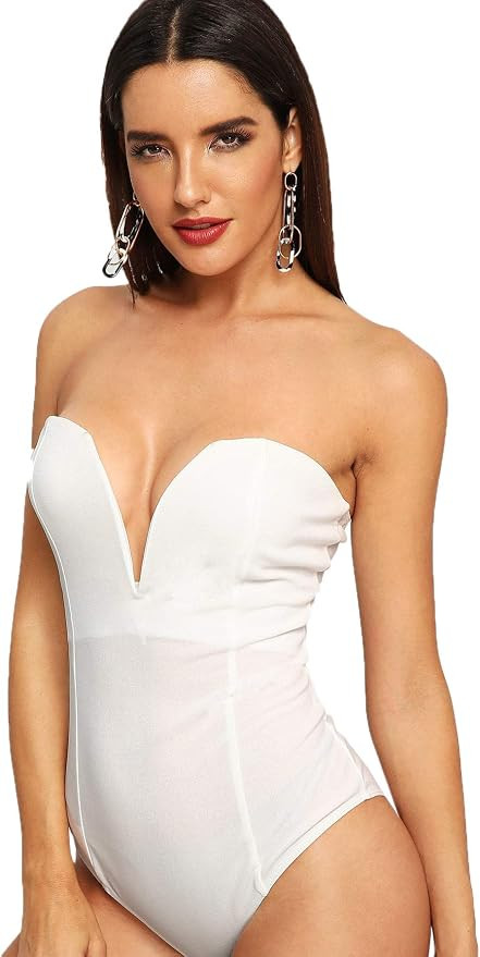 WDIRARA Women's Elegant Sweetheart Backless Skinny Solid Sexy Bodysuit | Amazon (US)