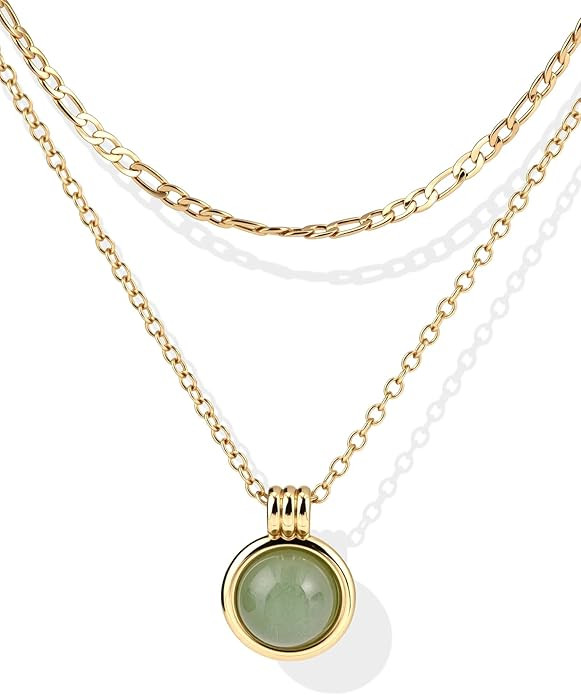 14K Gold Plated Layered Necklaces for Women-Green Jade Pendant Figaro Chain Necklaces Non Tarnish... | Amazon (US)