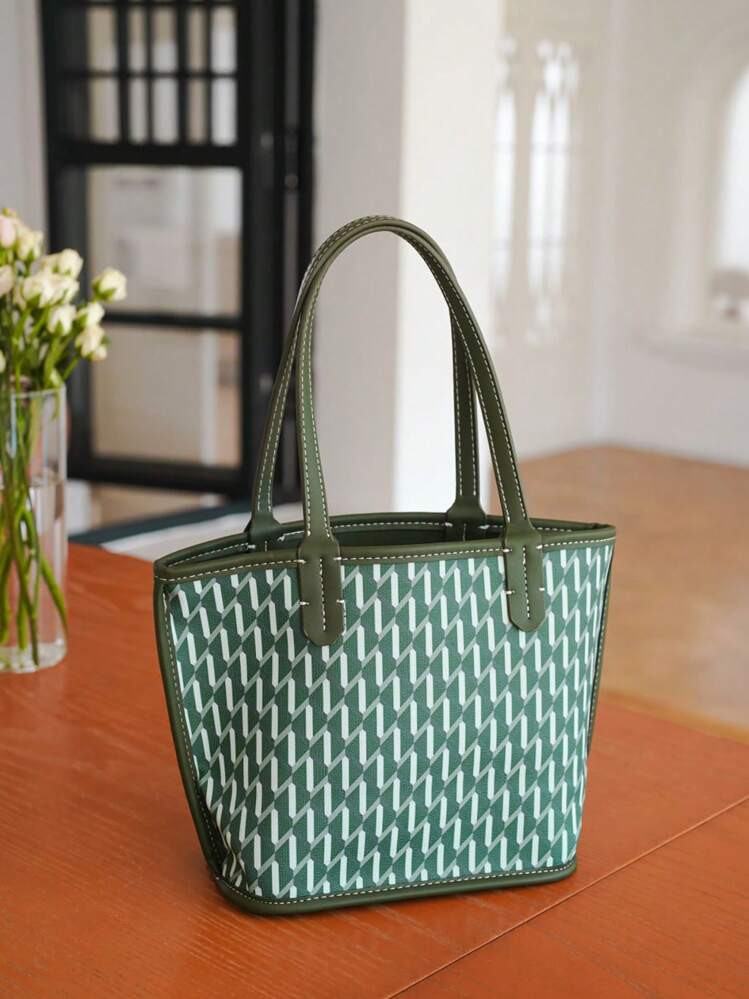 A Green And White Lines Classic Casual Large Capacity Presbyopia Tote Shoulder Bag Handbag Bucket Bag Can Be Used For Women Commuting | SHEIN