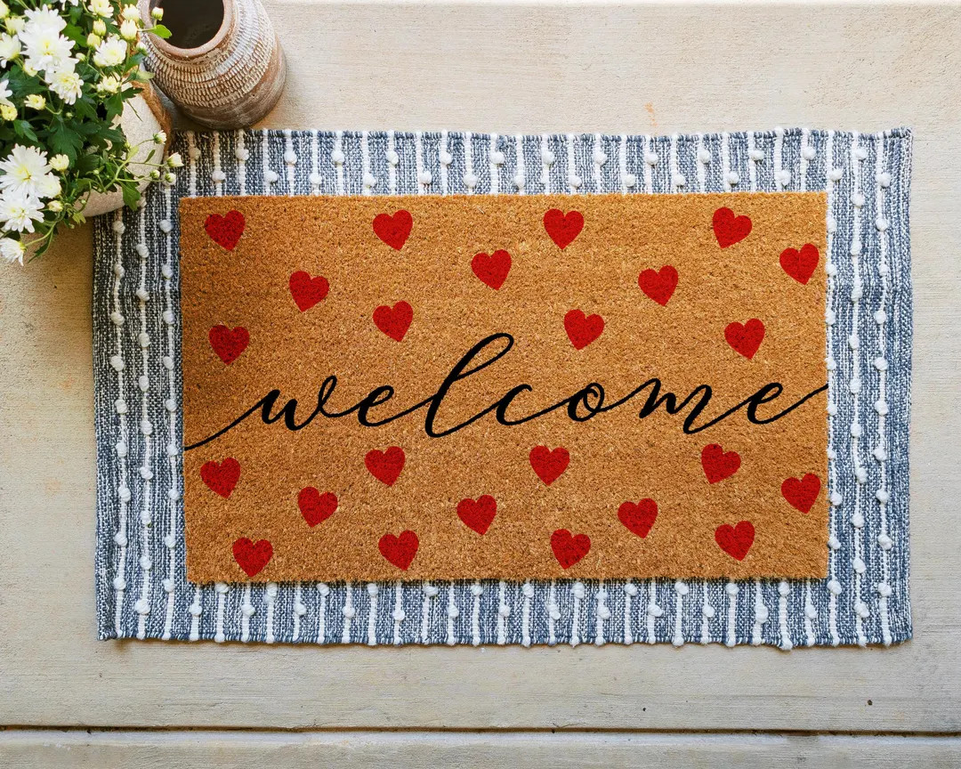 Valentine's Day Welcome Hearts Doormat, Valentine's Day Doormat, Front Porch Doormat, Welcome Doo... | Etsy (US)