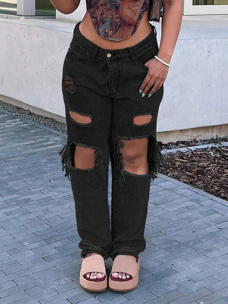2024 Women's Straight-Leg Loose Fit Casual Jeans With Ripped Design And Pockets, European And Ame... | SHEIN