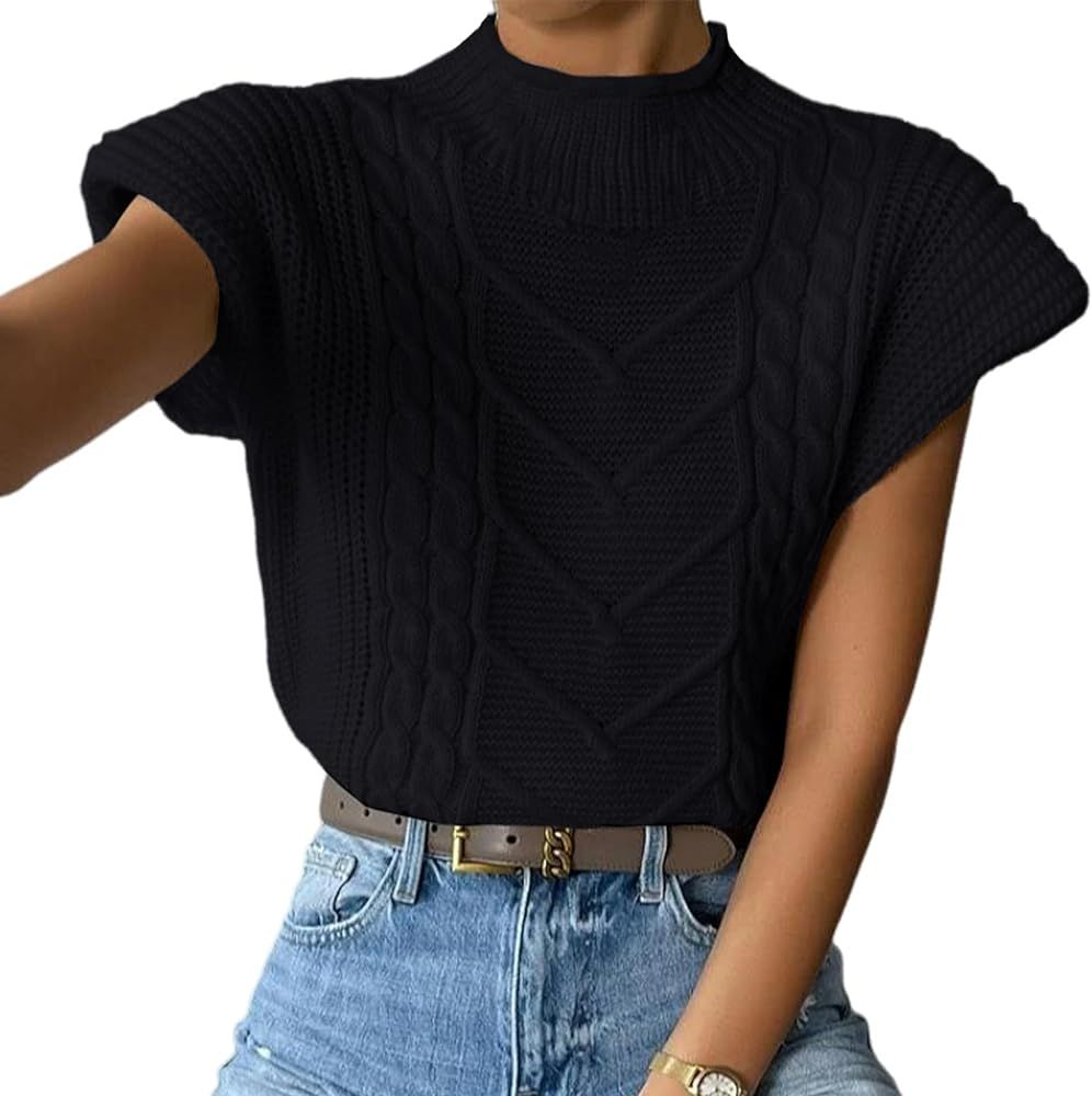 Yimoon Women’s Sweater Vest Top Sleeveless Cable Knit Mock Neck Sweater Tank Short Sleeve Pullo... | Amazon (US)