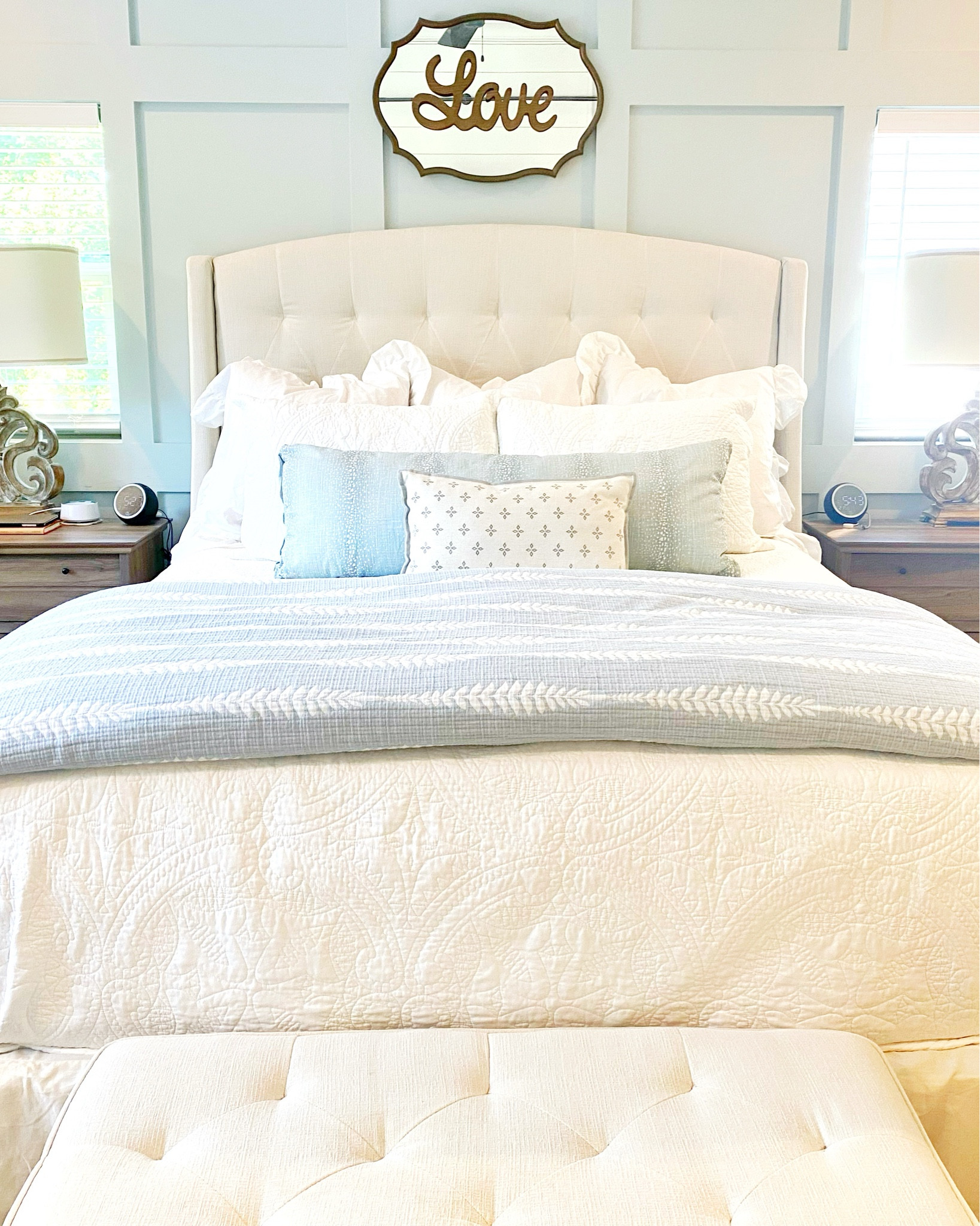 Soft, layered, and calm — exactly how I want a bedroom to feel. 🤍

I love mixing subtle patterns in bedding because it gives a mostly neutral bed so much more depth. This white damask quilt keeps everything classic and timeless, while the light blue antelope print lumbar adds just enough color and pattern without making the room feel busy.

Linked my master bedroom bedding pieces and similar finds here.

*My lamps were originally from Kirkland’s, but are no longer available. Original over the bed mirror/wood block are from Hobby lobby.

Follow your designer friend who decorates on a budget.

#bedroomdecor #neutralbedroom #designerlookforless

#LTKHome