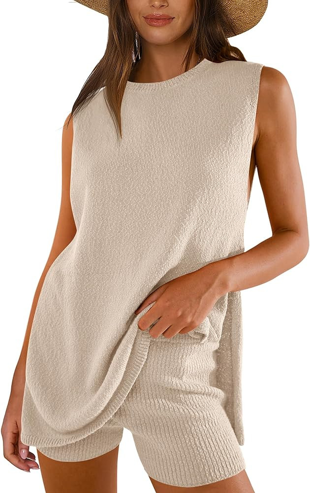 ANRABESS Women Summer 2 Piece Outfits Sleeveless Knit Sweater Top & Shorts Soft Lounge Sets Trave... | Amazon (US)