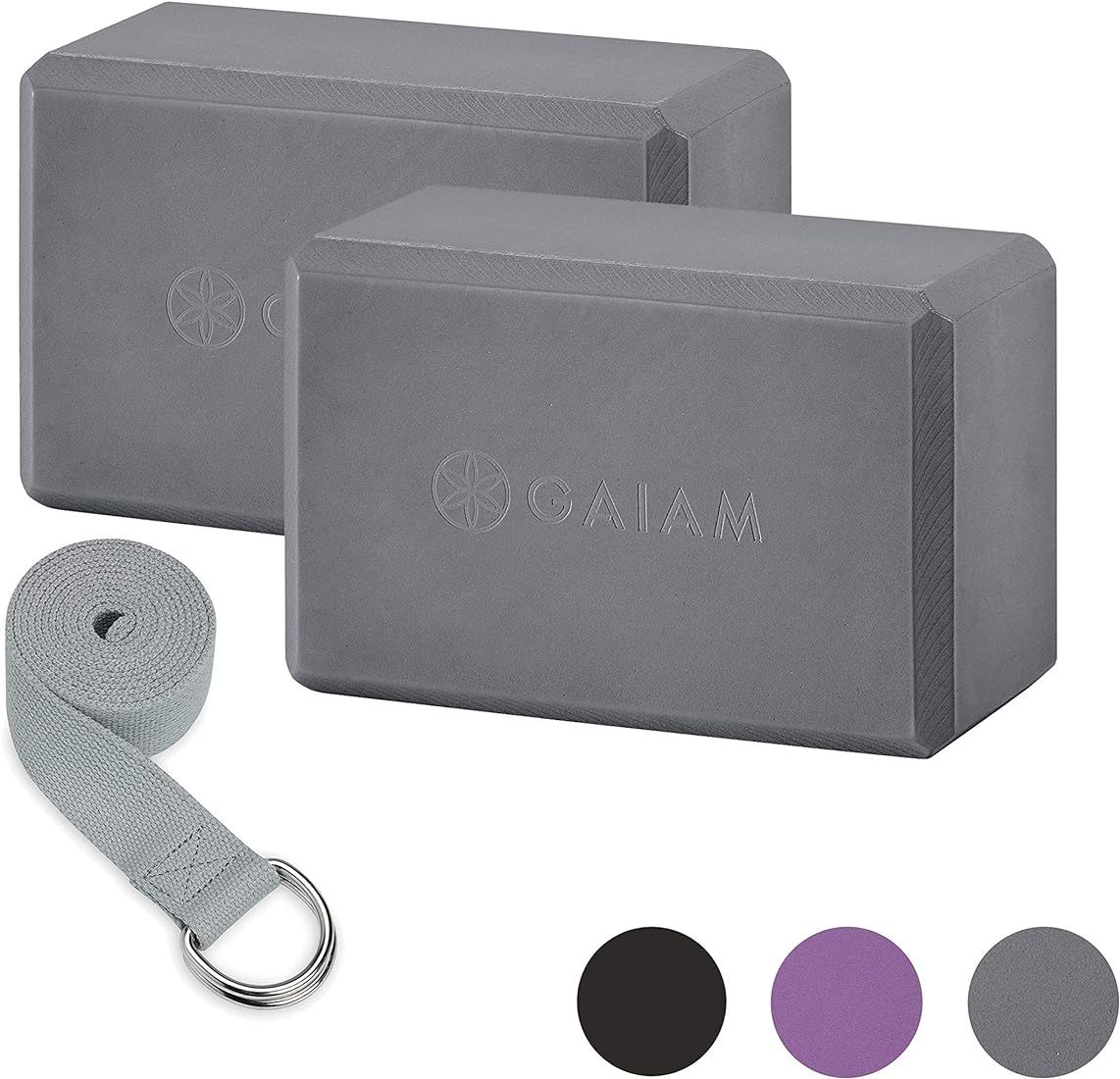 Gaiam Essentials Yoga Block 2 Pack & Yoga Strap Set, Grey | Amazon (US)