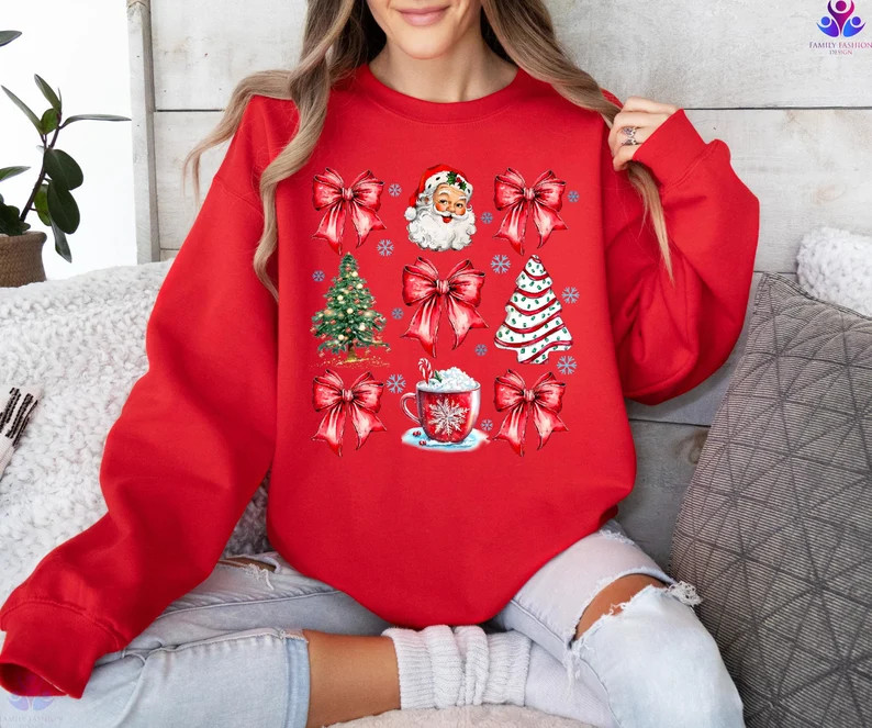 Coquette Bow Sweatshirt, Cute Red Ribbon Santa Sweatshirt, Merry Christmas Bows Sweater, Christma... | Etsy (US)