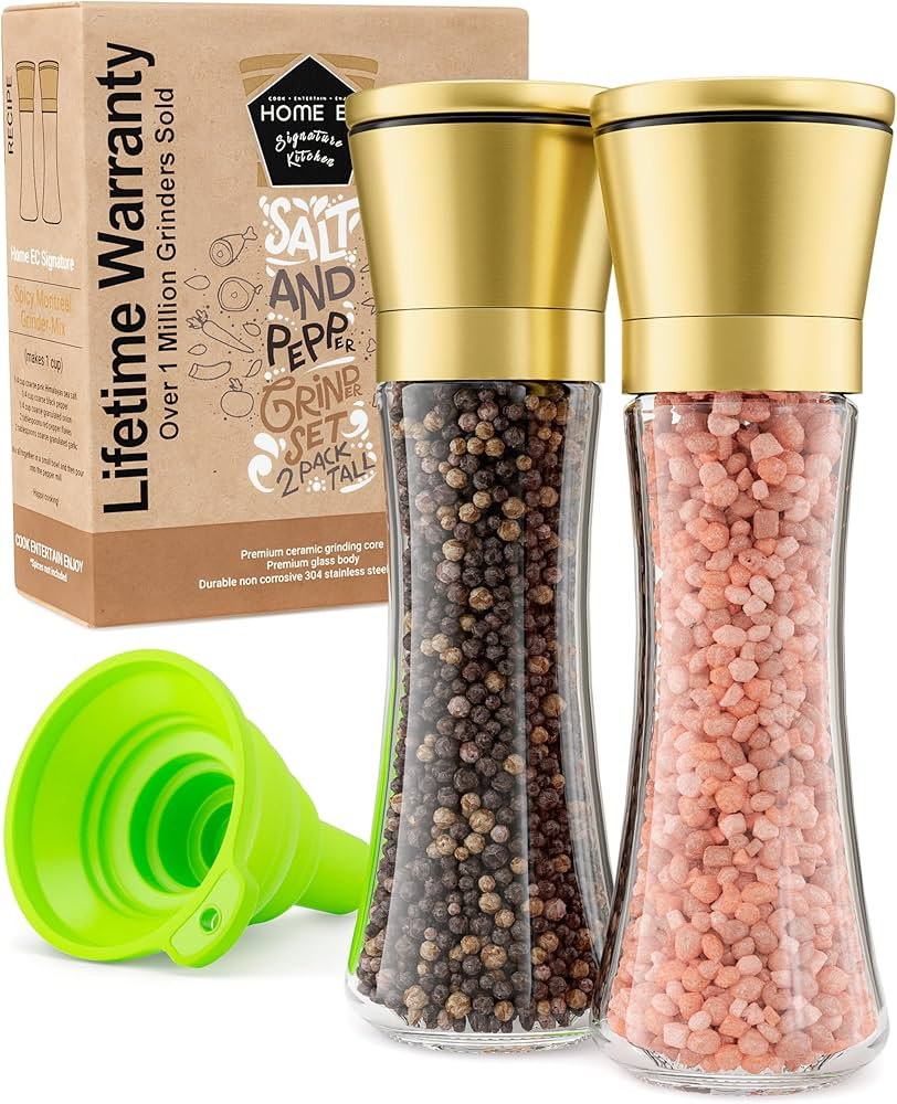 Home EC Original Gold Salt and Pepper Grinder Set of 2 - Adjustable Ceramic Grinder - Tall Glass ... | Amazon (US)