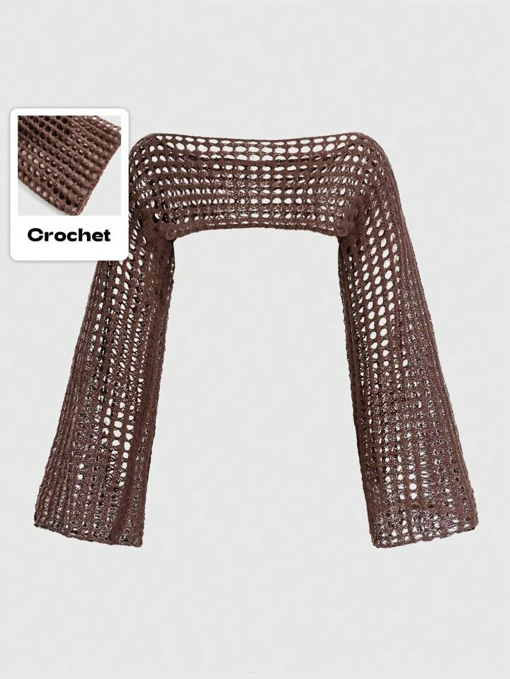 ROMWE Grunge Punk Summer Crochet Hollow Out Trumpet Sleeve Open Knit Crop Sweater, School,Long Sleeve Tops | SHEIN