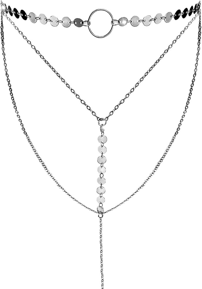 Suyi Stylish Layered Sequins Choker Necklace with Thin Long Chian Pendant for Women Lady | Amazon (US)