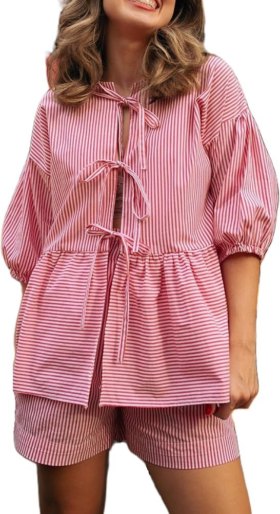 KMBANGI Women Tie Front 2 Piece Pajama Gingham Lounge Set Short Sleeve Babydoll Shirt Blouse Plai... | Amazon (US)