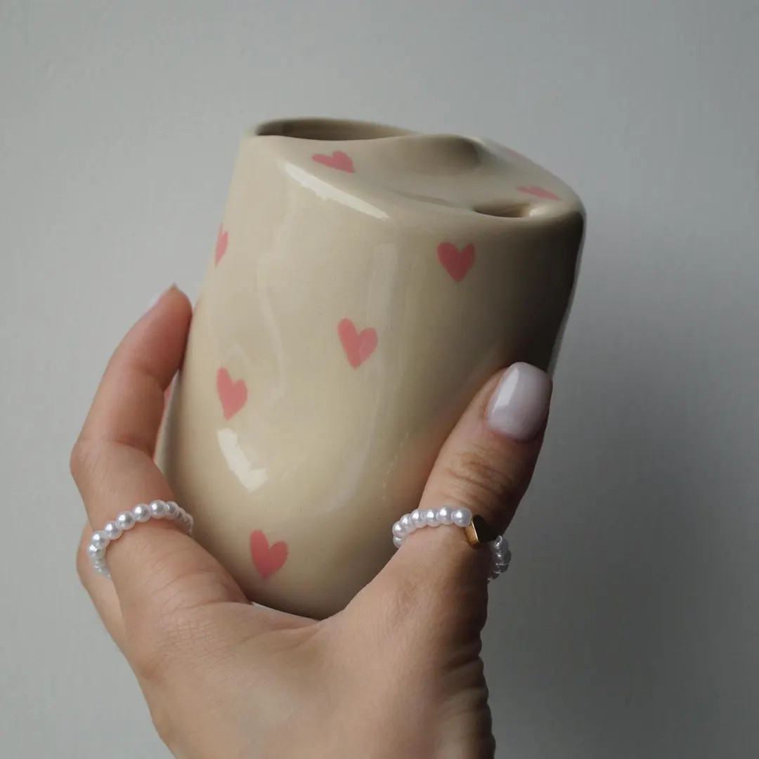 Pink Hearts Ceramic Travel Tumbler With Sip Lid: Cute Sippy Cup, Ceramic Travel Coffee Cup With H... | Etsy (US)