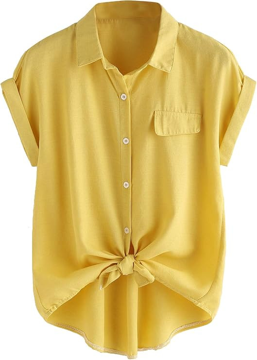 Milumia Women Casual V Neck Collar Knot Hem Button Down Rolled Cuff Short Sleeve Work Blouses Shi... | Amazon (US)