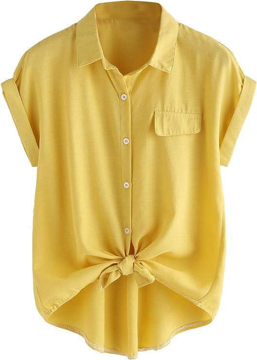 Milumia Women Casual V Neck Collar Knot Hem Button Down Rolled Cuff Short Sleeve Work Blouses Shi... | Amazon (US)