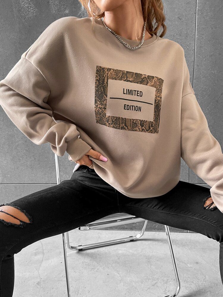 Letter & Snakeskin Print Drop Shoulder Oversized Sweatshirt | SHEIN