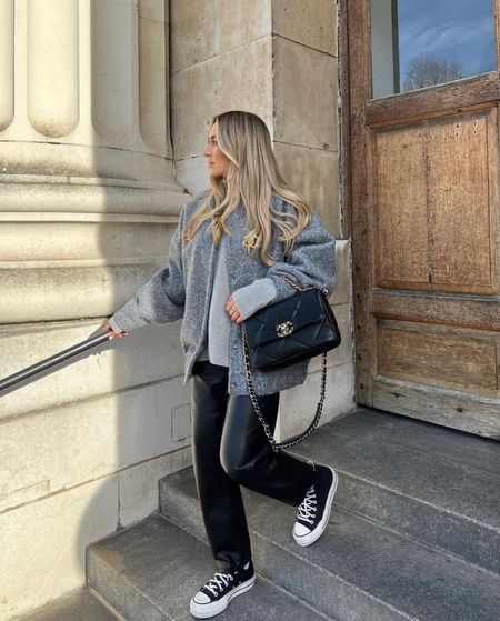 Styling the viral zara bomber jacket for an everyday comfy look. Styled with a grey cashmere arket jumper, faux leather trousers, black converse & my new Chanel 19!

#LTKstyletip #LTKshoecrush #LTKeurope