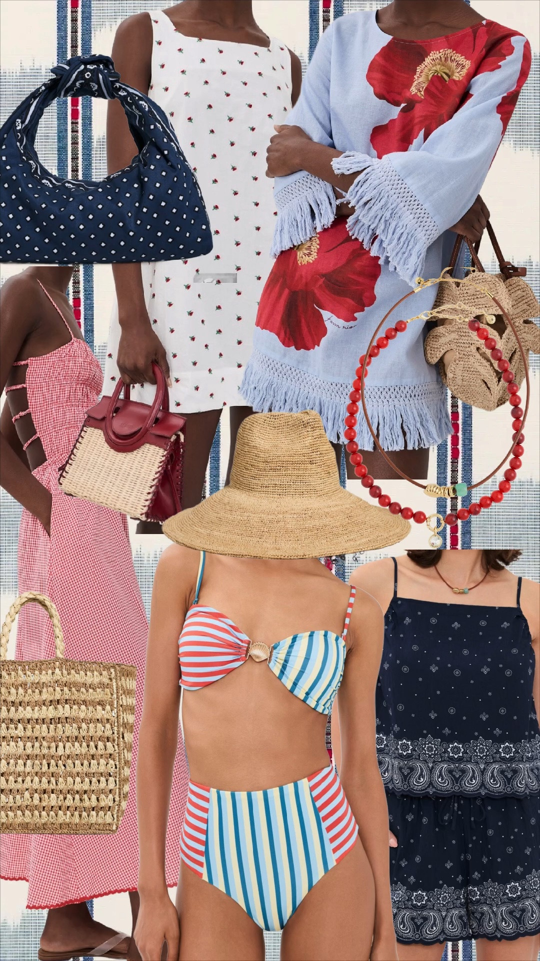 The Broke Brooke @Shopbop Daily Hearts! 💙❤️

Red, white, and chic ❤️🤍💙 Coastal classics with a playful twist are having a moment, and I am here for it! From breezy cover-ups and sweet printed dresses to woven accessories and the cutest striped swim, these pieces are perfect for everything from beach days to Fourth of July celebrations. Timeless, feminine, and effortlessly polished for summer by the sea. ☀️🌊

Product Listing:

* Red gingham maxi sundress
* Blue floral fringe cover-up
* White embroidered shift dress
* Navy bandana print romper
* Colorblock striped bikini
* Wide-brim raffia sun hat
* Navy printed knotted shoulder bag
* Woven tote bag
* Straw and leather top-handle handbag
* Raffia shoulder bag
* Red beaded statement necklace
* Coastal layered shell necklace

Hashtags:#LTKStyleTip #CoastalStyle #GrandmillennialStyle #SummerStyle #ResortWear #BeachStyle #ClassicStyle #CoastalGrandmillennial #PreppyStyle #SummerFashion #ResortChic #FourthOfJulyStyle #VacationStyle

#LTKSeasonal #LTKSwim