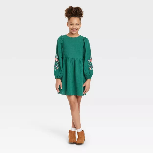 Girls' Long Sleeve Woven Dress - Cat & Jack™ Forest Green | Target