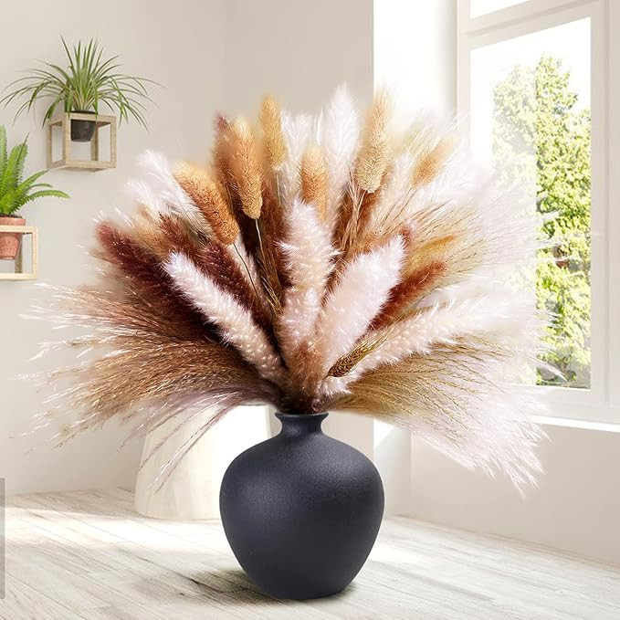 80 Pcs Dried Pampas Grass Decor - 17 Inch Fluffy Pompous Grass Plant, 15 White Pampas Grass, 15 B... | Amazon (US)