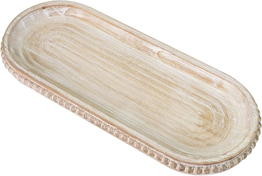MAONAME Oval Long Narrow Wood Tray, Rustic Decorative Tray with Beaded, Wash White Farmhouse Vani... | Amazon (US)