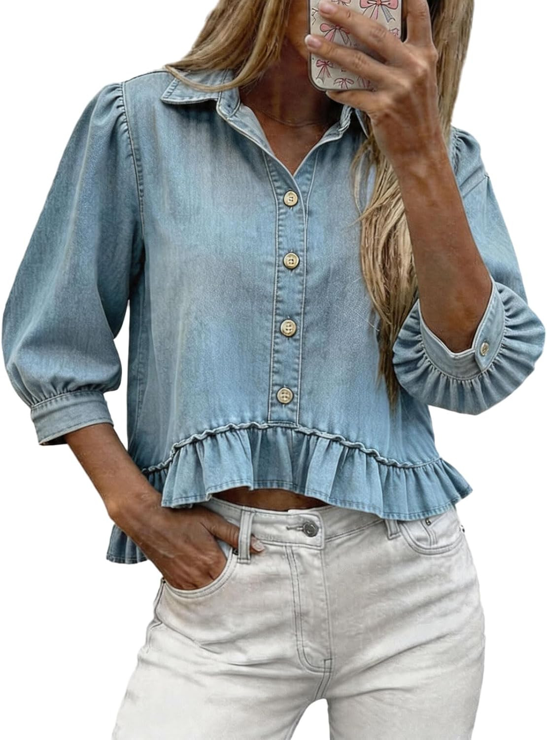 utcoco Women's Ruffle Hem Denim Shirt 2026 Puff 3/4 Sleeve Button Down Crop Top Y2K Casual Blouse | Amazon (US)