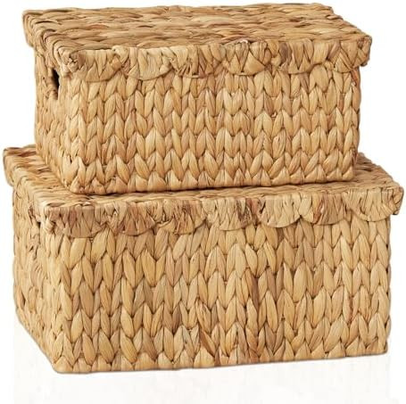 Large Wicker Basket with Lid, Wicker Storage Basket with Built-in Handles, Scalloped Edge Handwov... | Amazon (US)