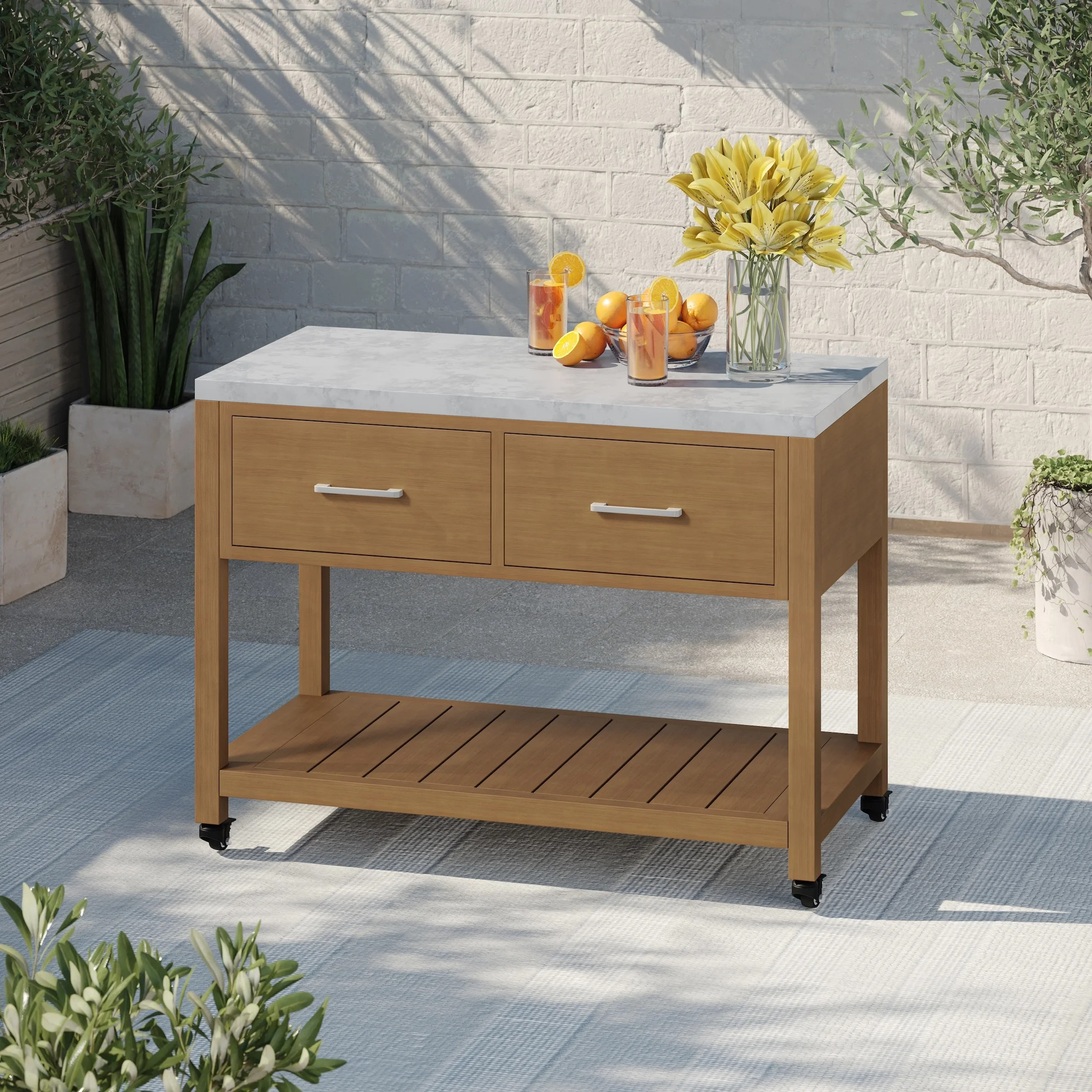 Better Homes & Gardens Tarren Outdoor Island Steel Serving Cart with Drawers, Teak | Walmart (US)