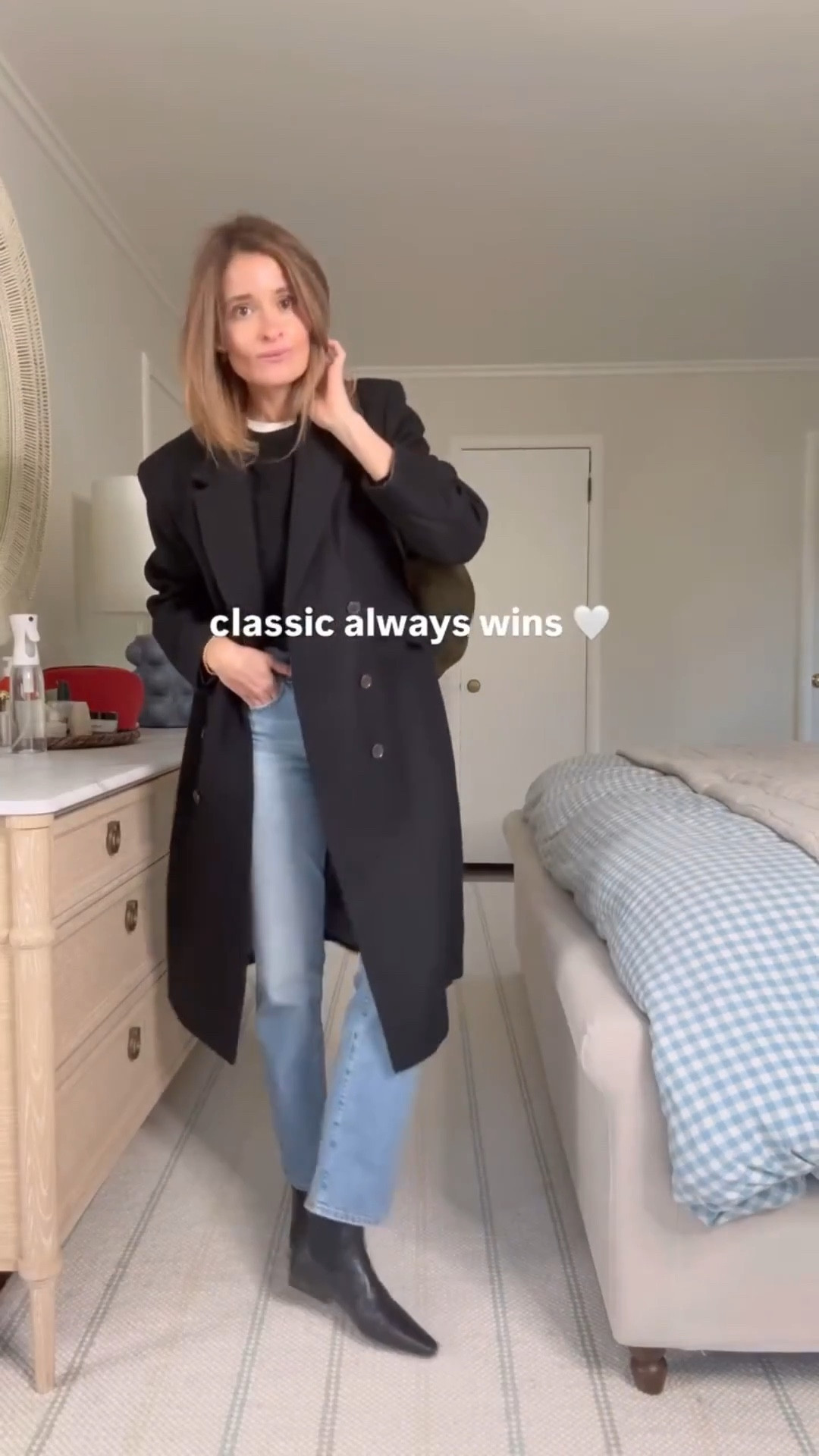 Always into a black crewneck and jeans 🤍

✨ Quince cashmere crewneck I love so much that I own it in three colors. I’ve yet to find such great cashmere at such a great price! Not even close •  Madewell Longline Straight jeans I wear at least once a week. They’re a great price for premium denim! J. Crew Chiara wool top coat is such a beautiful classic you can wear to work, out to a show or to dinner. Super warm, great length and very simply elegant. • and can we talk about the shoes & bag? Staud Wally Chelsea Boots feature beautiful leather and a pointed toe detail that I love so much. Elevates the outfit immediately • Madewell Suede Soft Grain Shopper bag is effortlessly stylish and endlessly practical  
 
These classic but effortlessly cool pieces feel so, so special but hold up to your everyday lifestyle. I know I’ll look forward to reaching for them for years & years to come 🫶🏻🤍 

❤️ Follow if you’re looking for easy everyday outfit inspiration! 

Sizing notes: Wearing a size small in the sweater & tee. Jeans: run a touch small. Wearing my true size, but if you are between i suggest taking 1 size up. 

 #outfitinspo #outfitoftheday #outfitideas #everydaystyle #ootd #fallstyle #falloutfitinspo #effortlessstyle #momstyle #classicstyle #closetstaples #styleblogger #realoutfitgram #fallfashion #outfitinspo #wardrobestaples #ootd  #realoutfitgram

#LTKootd #LTKSeasonal #LTKFindsUnder100