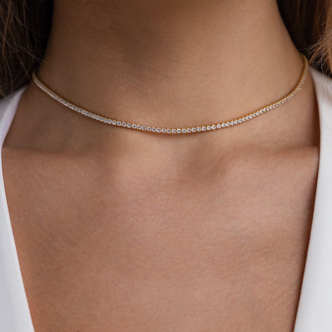 Diamond Tennis Choker Necklace by Caitlyn Minimalist Dainty Diamond Necklace in Gold Bridal Jewel... | Etsy (US)