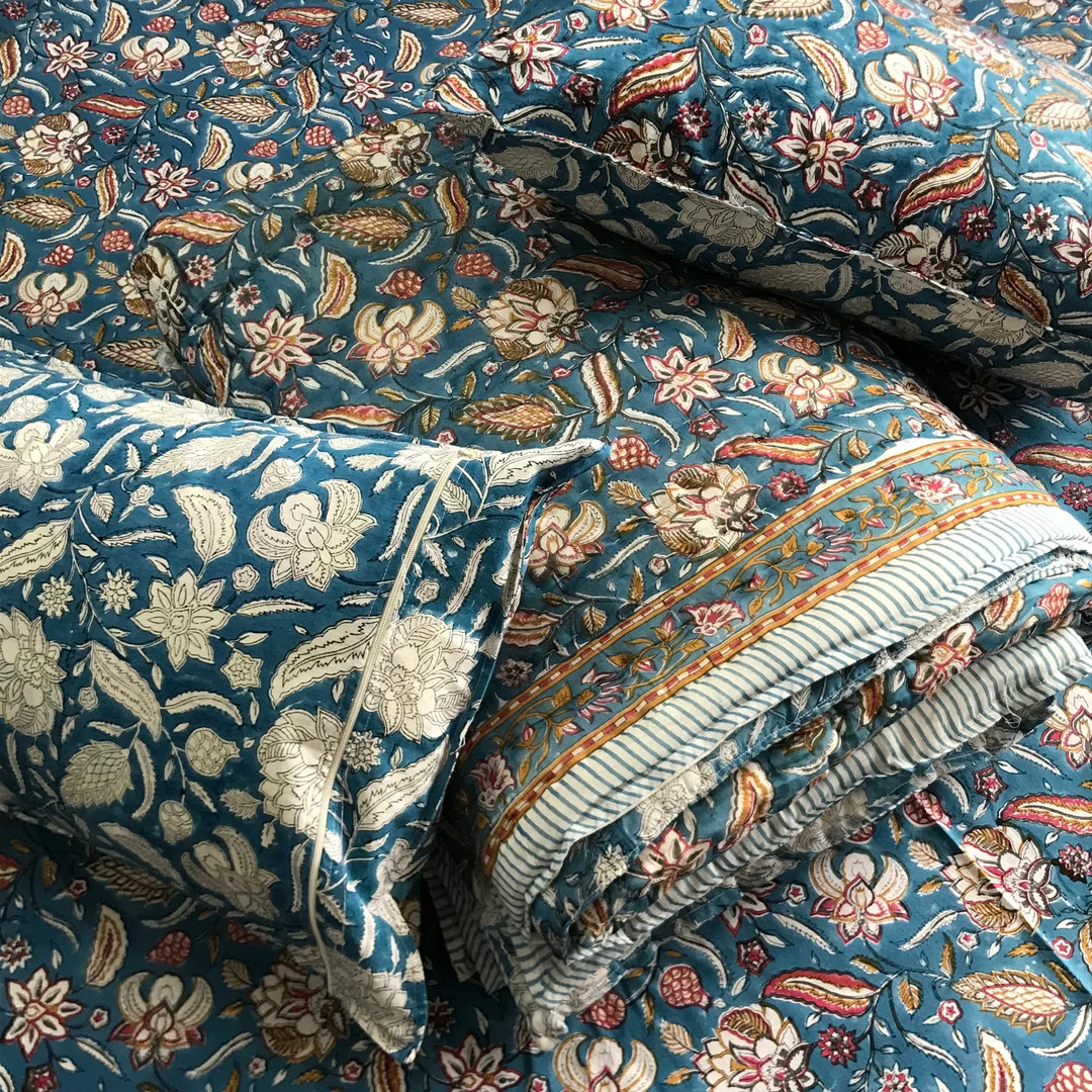 Midnight Dark Blue Quilt - Handprinted Botanical King Size Bedspread | 100% Cotton Reversible Bed... | Etsy (US)