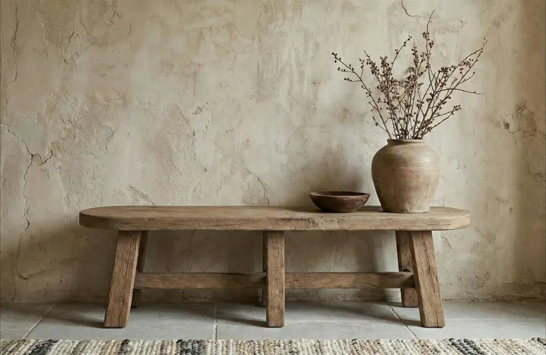 Long Reclaimed Oak Bench – Oval Rustic Solid Wood Entryway Bench, Japandi Furniture | Etsy (US)