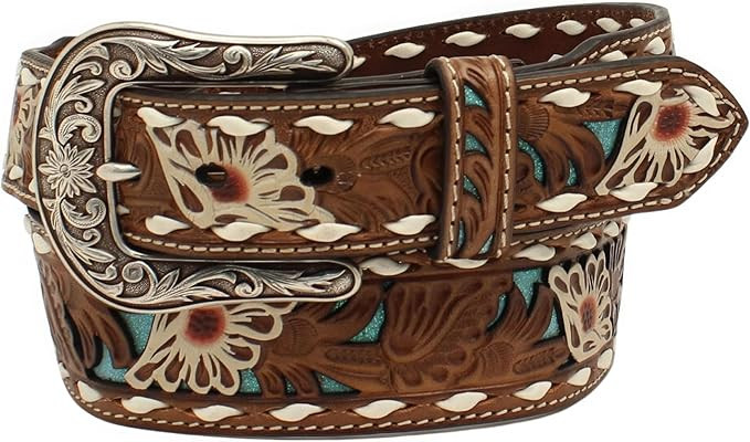 ARIAT Ladies Genuine Leather Belt with White Floral Overlay and Turquoise Shimmer Underlay | Amazon (US)