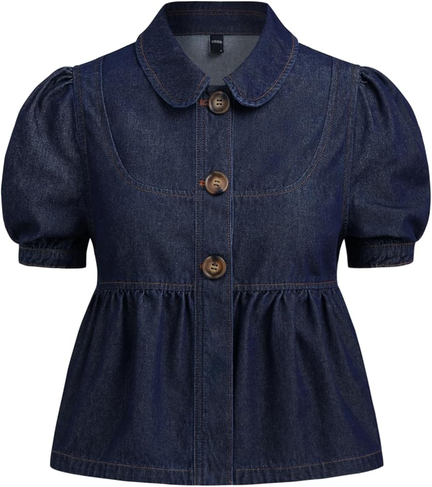 CIDER Women Denim Peter Pan Collar Ruched Puff Sleeve Blouse Denim Neck Short Sleeve Shirts | Amazon (US)