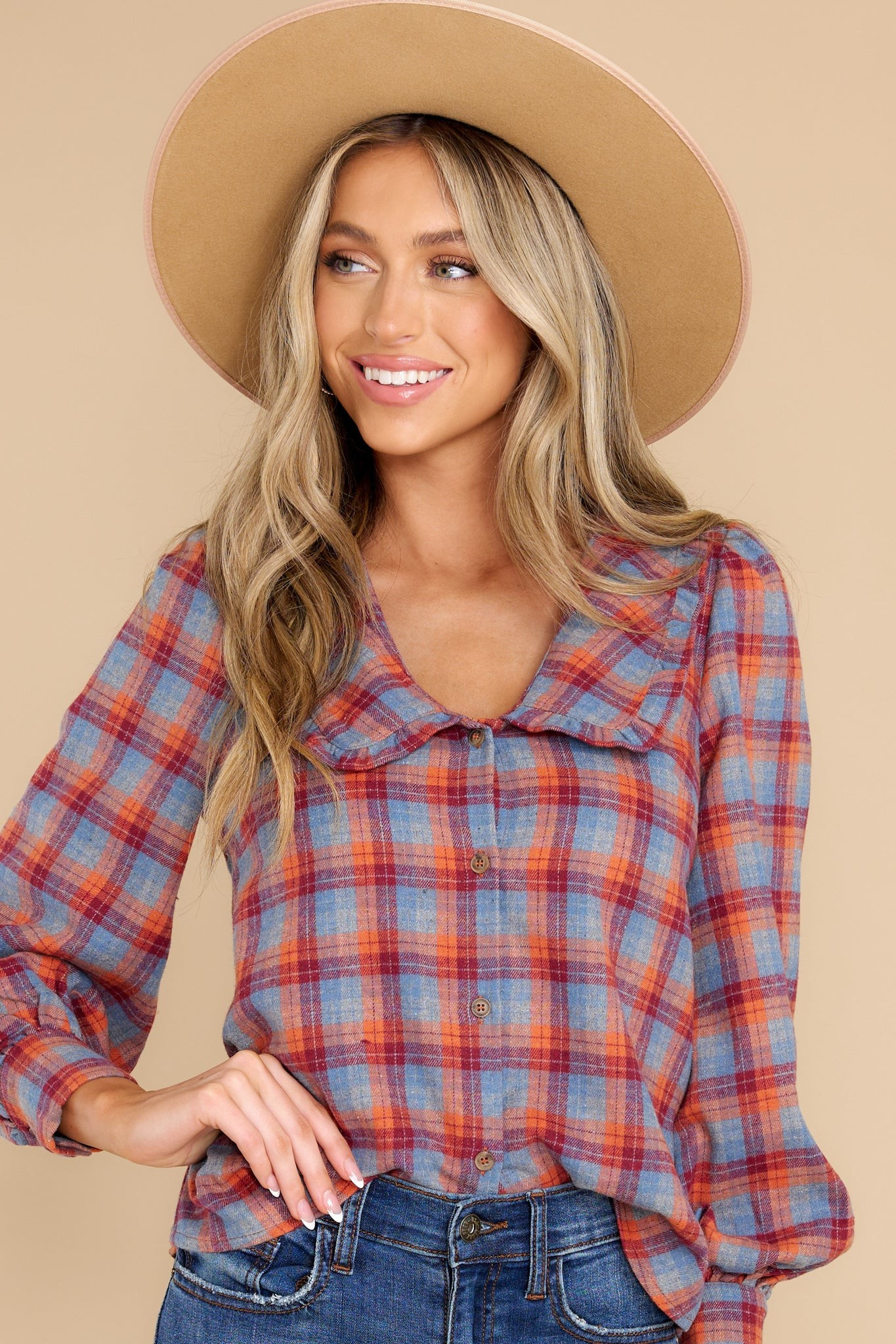 Aren't You Glad Dusty Blue Multi Plaid Top | Red Dress 