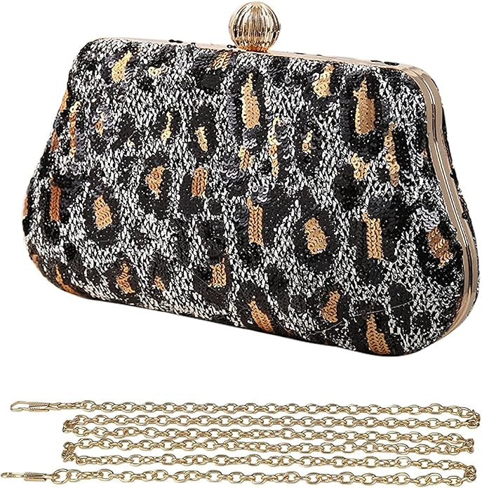 Sparkly Sequin Evening Bag for Women Fashion Leopard Print Shoulder Bag Party Prom Handbag | Amazon (US)