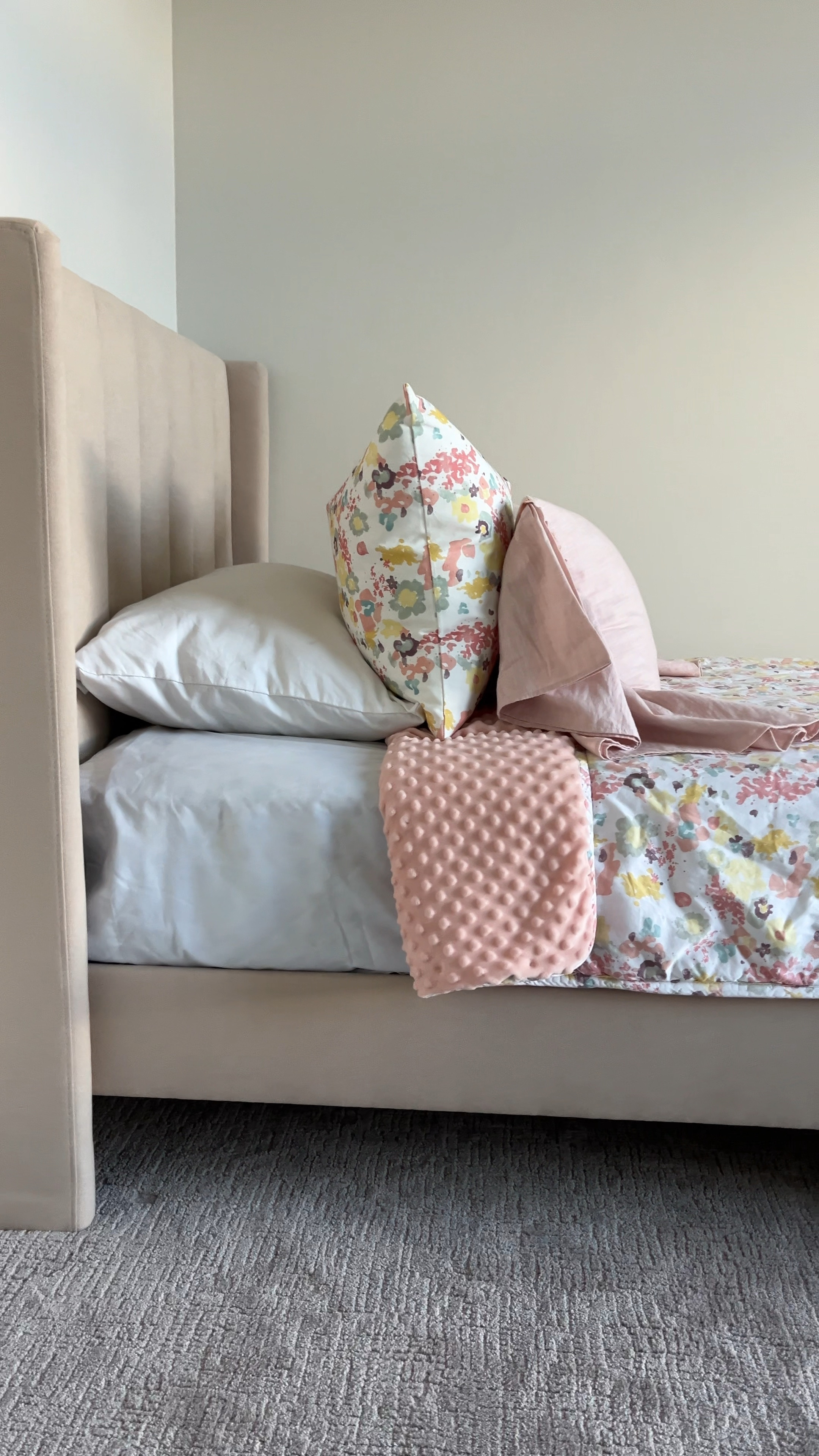 Upholstered twin bedframe with upholstered panel headboard, upholstered footboard, and wood feet. From Wayfair

Beige bedding, neutral bed, beige bed, upholstered bed, neutral girl room, neutral bedding, neutral bed, cream bedding, affordable bedframe, affordable bedding. 

#LTKkids #LTKVideo #LTKhome