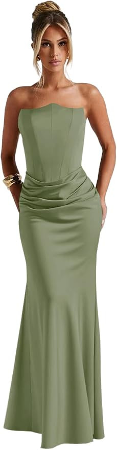 Strapless Corset Formal Wedding Guest Dress Long Satin Bridesmaid Dresses for Women | Amazon (US)
