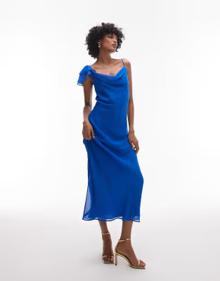 Tophop flutter sleeve midi occasion in cobalt chiffon | ASOS (Global)