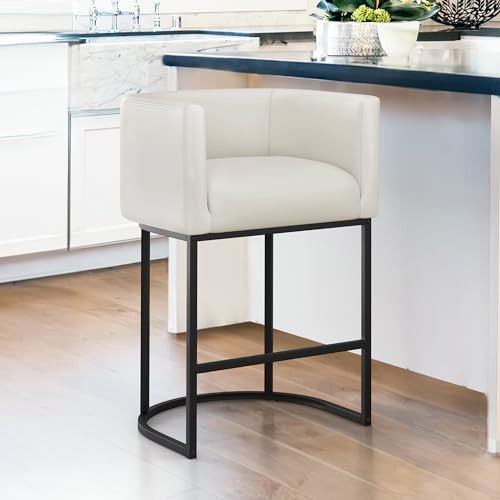 LUE BONA 27" H Counter Height Bar Stools, Modern Barrel Counter Stools with Backrest and Arms, Black Metal Frames, Faux Leather Upholstered Accent Barstools for Kitchen Island, Antique White | Amazon (US)