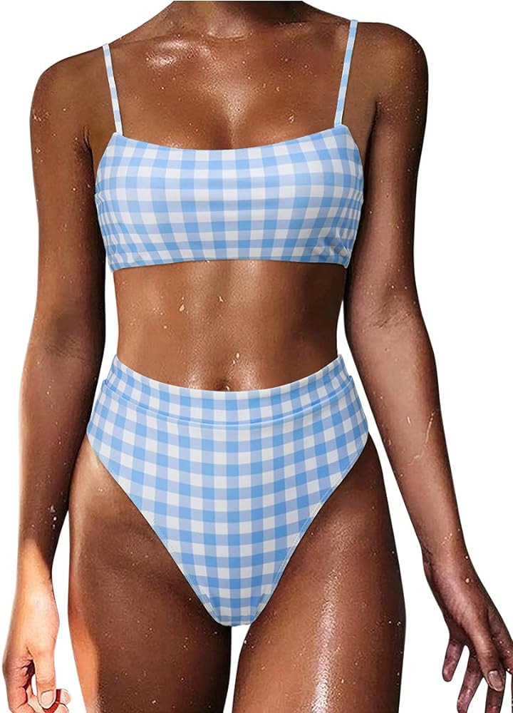 MOSHENGQI Women High Wasited Bikini Shoulder Strap 2 Piece High Cut String Swimsuits | Amazon (US)