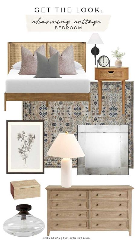 cottage chic bedroom. home decor. home accents. traditional. interior design. cane wood bed. traditional rug. dresser. cane nightstand. glass dome flush mount light. white ceramic lamp. botanical floral art. antique mirror. wall sconce. 

#LTKSeasonal #LTKhome #LTKstyletip