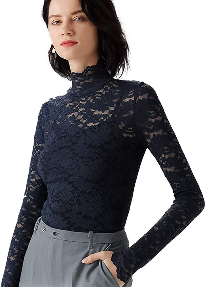 QiuDumo Women 2 Set Plus Size Floral Lace Shirt Eyelash Trim Sexy Long Sleeves Casual Dressy Top ... | Amazon (US)