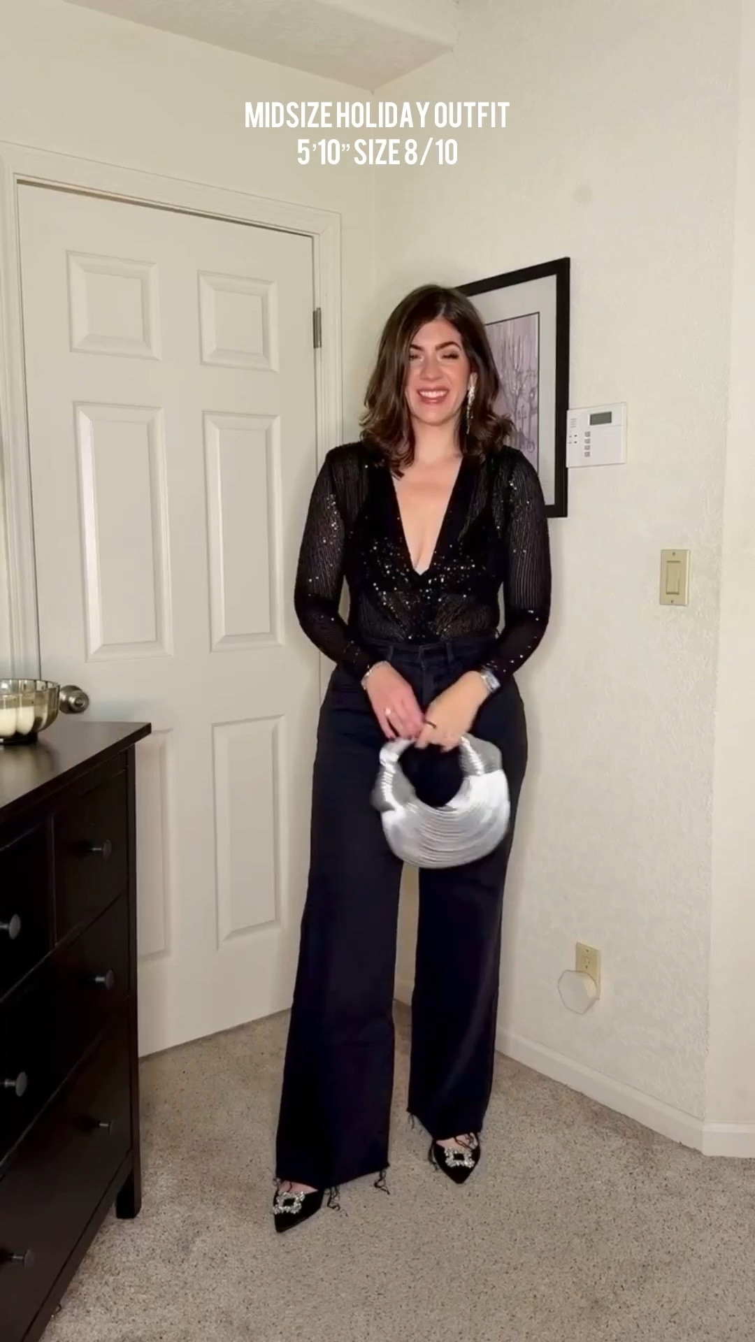 Midsize holiday outfit, sheer top, black denim, festive casual, sequin bodysuit, sequin top, black and silver, girls night out 

#LTKOver40 #LTKMidsize #LTKHoliday