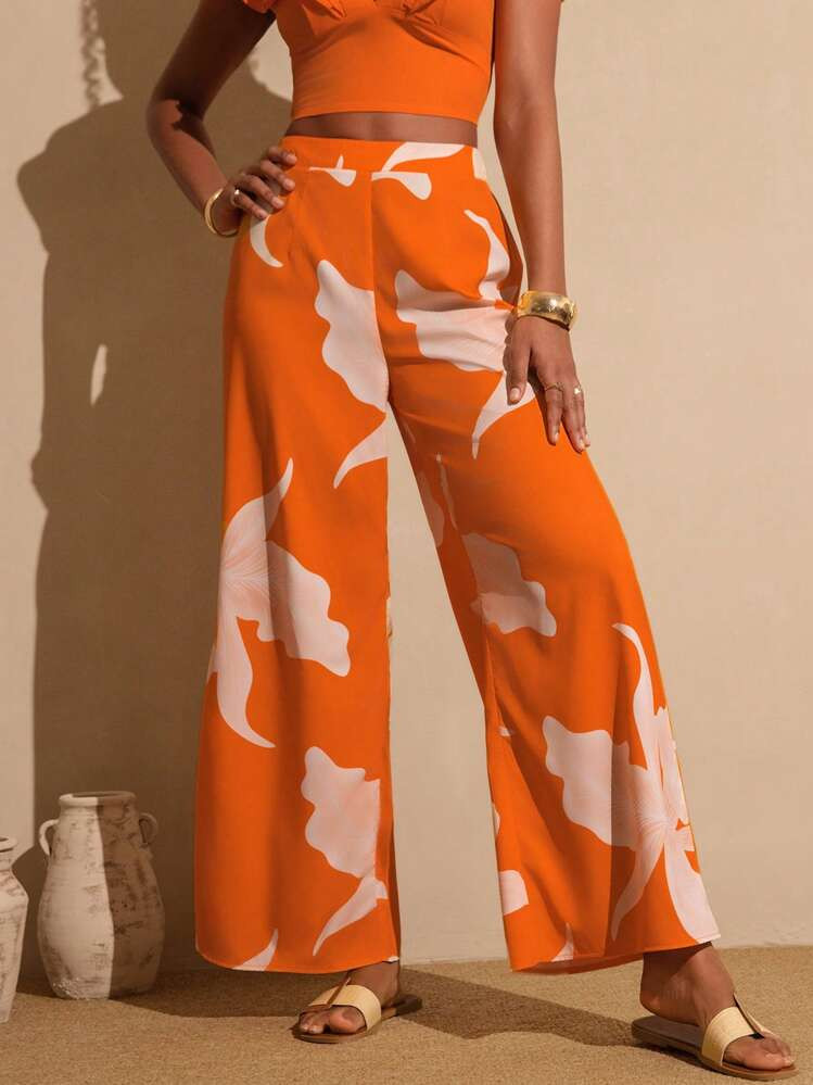 Vesra Women's Vacation Wide Leg Long Pants With Orange Flower Print | SHEIN