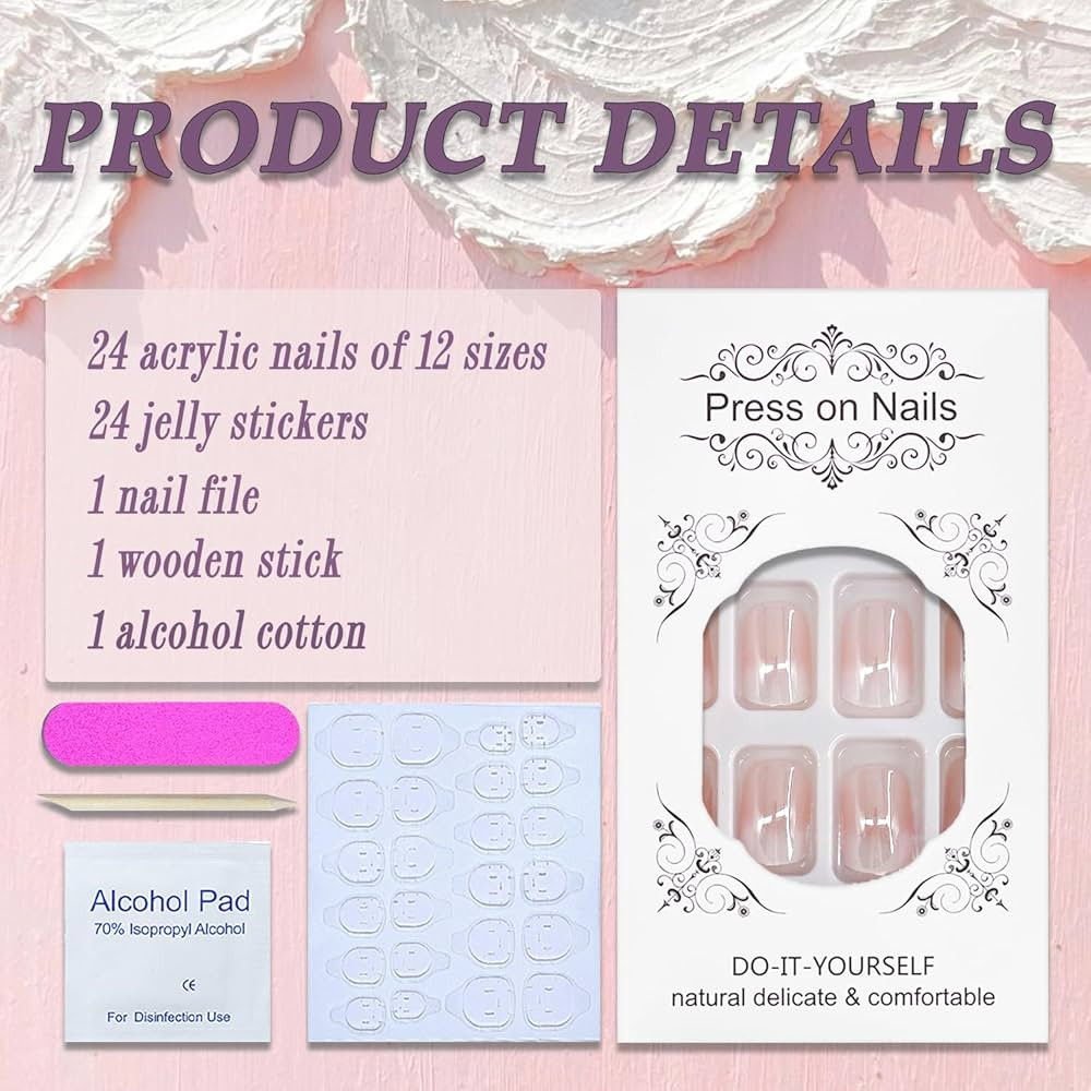 Chrome Press on Nails Short Square SWEKKE White Gradient Fake Nails Nude Pink Full Cover Glossy G... | Amazon (US)