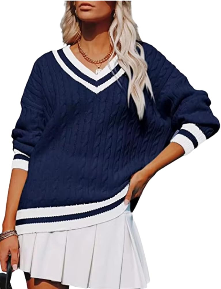 InterNos Women's Casual V Neck Long Sleeve Sweater Trendy Striped Pullover Cable Knit Preppy Swea... | Amazon (US)