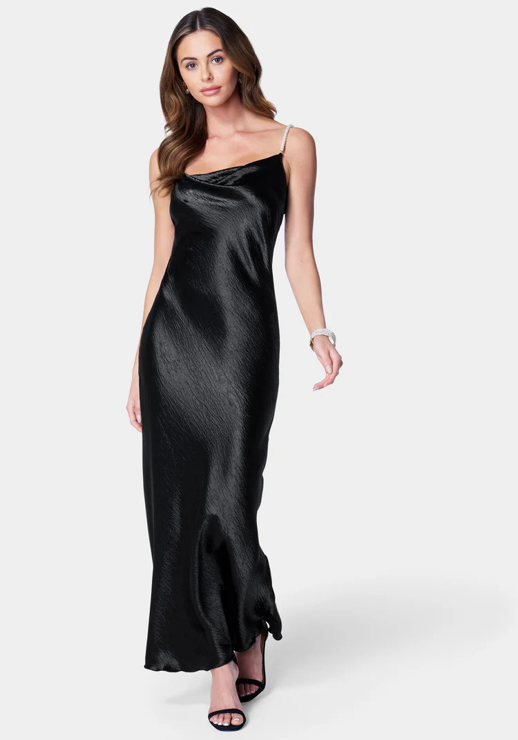 Hammered Satin Cowl Neck Pearl Strap Maxi Dress | Bebe